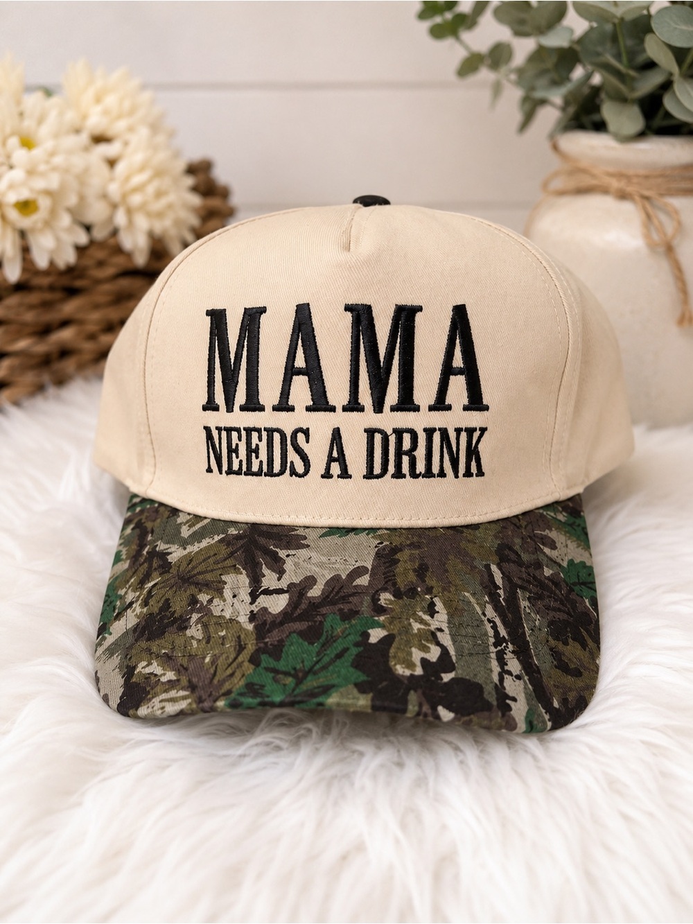 Mama Needs a Drink Embroidered Cap - Beige & Camouflage